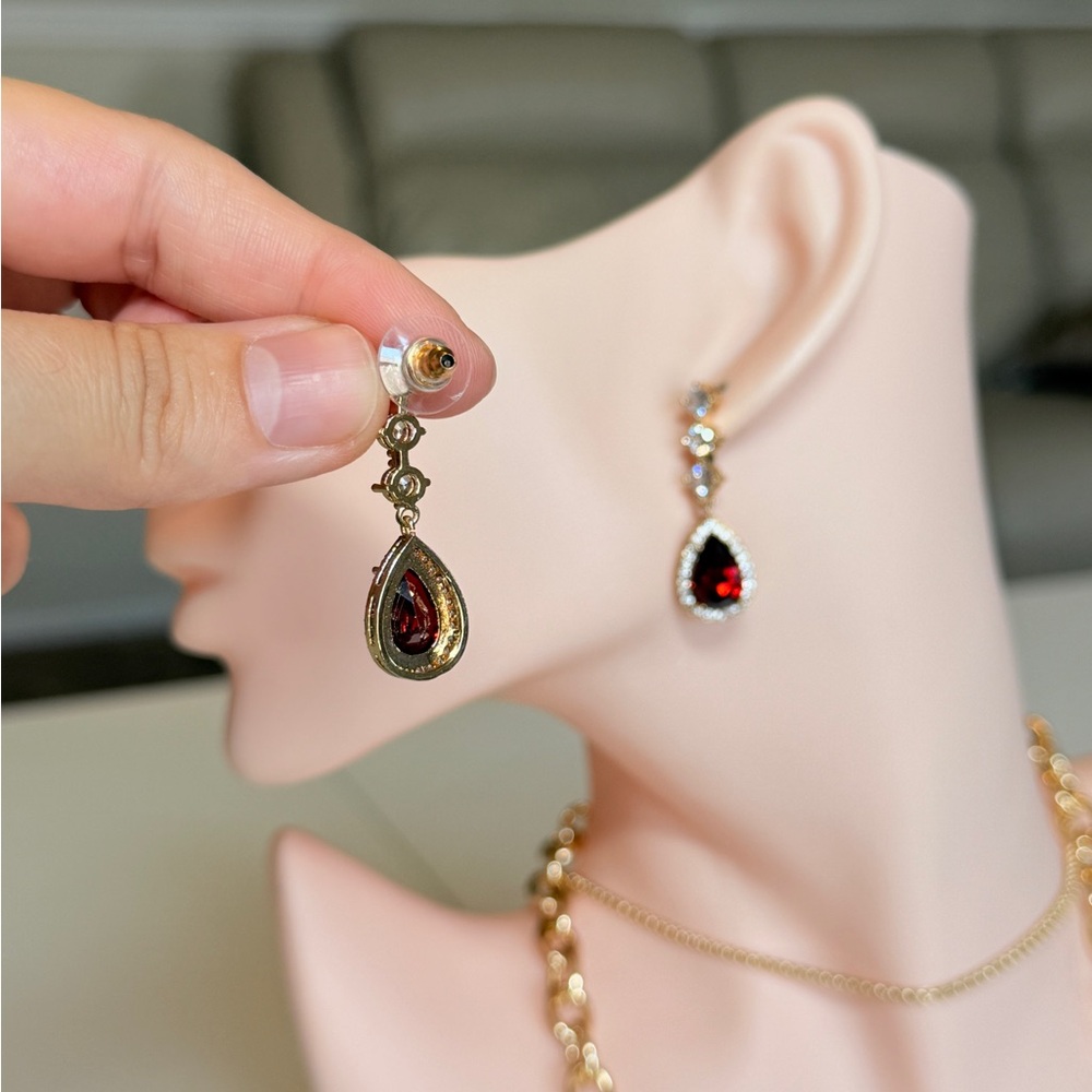 Elegant Gold Drop Earrings with Garnet Red Teardrop Zirconia - Picture 6 of 15